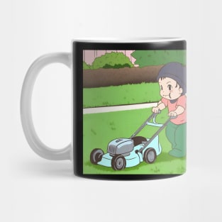 baby mowing lawn Mug